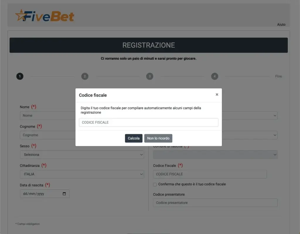 Iscrizione al conto gioco Fivebet